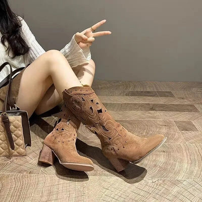 Anne - Cowboyboots i Enfärgat Läder med Tryck